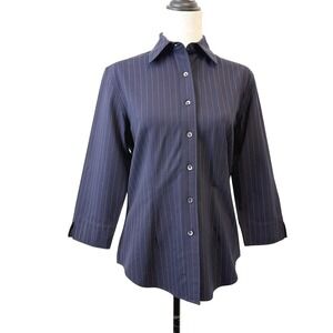 Faconnable Wool XS Navy Blue Pinstripe Button Down Shirt 90s Minimalist corpcore